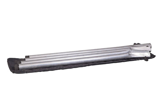 Four folded aluminum legs from the Camp Chef Mountaineer Leg Kit rest on a black fabric bag, neatly side by side, ready for transport or storage.