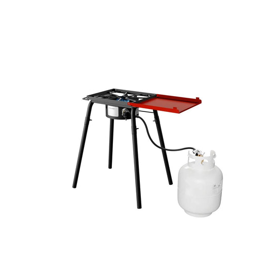 The Camp Chef Explorer 1-Burner is a portable cooking system with a single burner, four black legs, red side shelf, and white propane tank connected by hose—perfect for any outdoor kitchen setup.