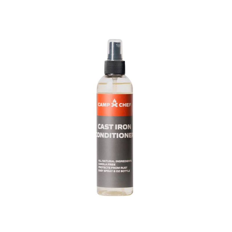 Load image into Gallery viewer, A clear 8 oz spray bottle labeled Camp Chef Cast Iron Conditioners with a black pump top features all-natural ingredients and protects cast iron from rust—perfect for Dutch oven conditioning.
