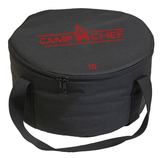 The Camp Chef Dutch Oven Carry Bag is a round, black bag with handles and a zipper, featuring the red Camp Chef logo and 
