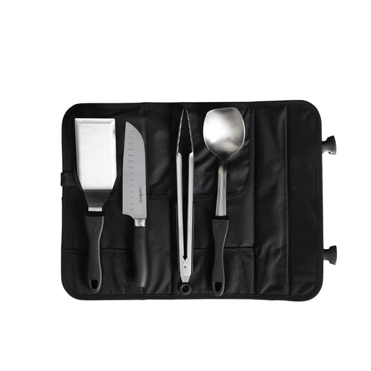 The Camp Chef 5 Piece All Purpose Chef Set features a black carrying case with separate pockets for a metal spatula, chef’s knife, tongs, serving spoon (all with black handles), and more—portable and neatly organized for cooking anywhere.