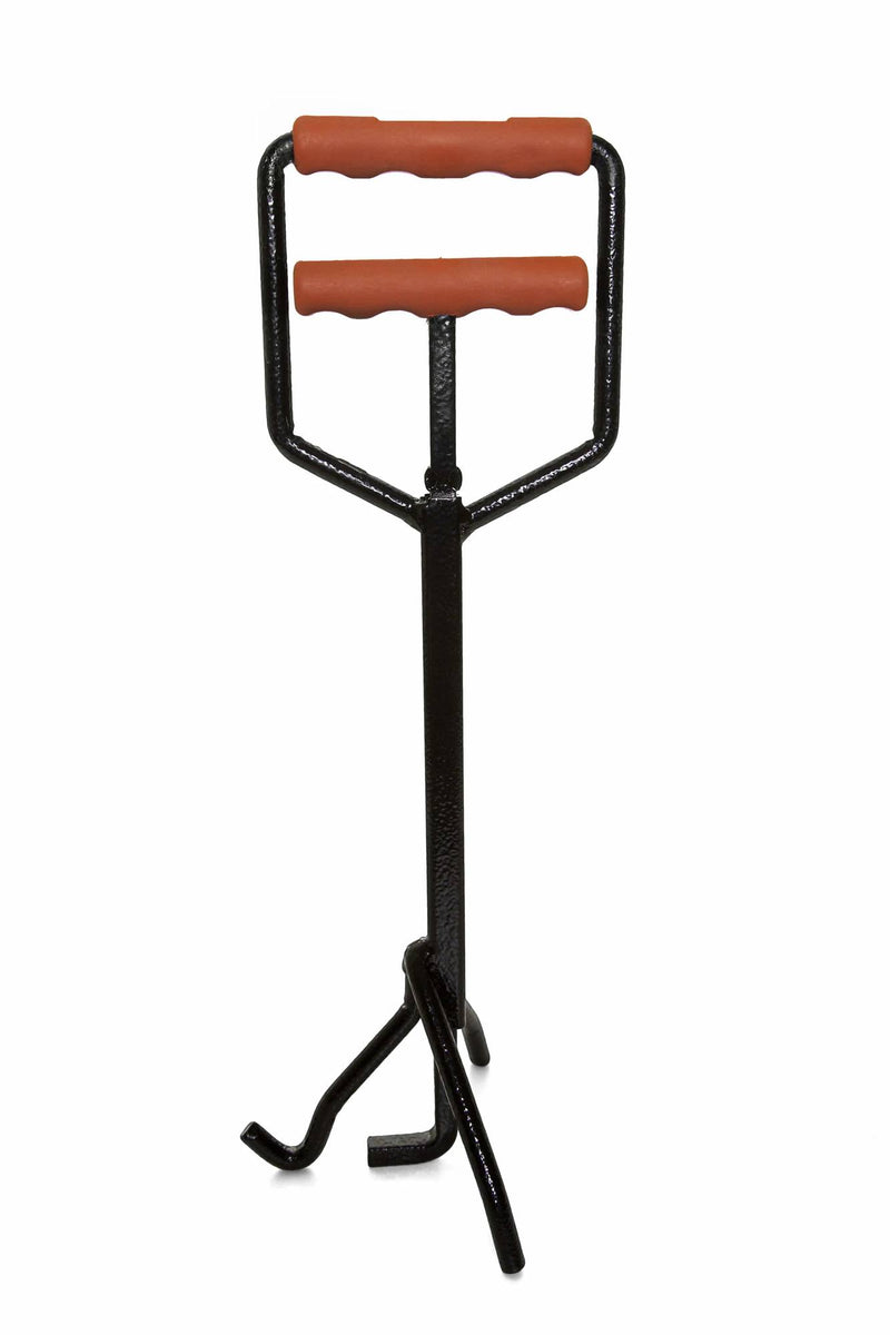 Load image into Gallery viewer, The Camp Chef Dutch Oven Lid Lifter is a black metal carrier tool with two orange handles and three legs—designed for lifting and transporting firewood or safely lifting Dutch oven lids, making it perfect for campfire cooking.
