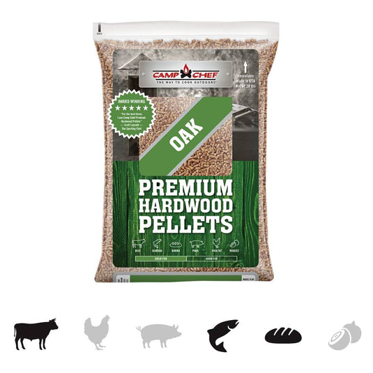 A clear plastic bag of Camp Chef Hardwood Pellets. Icons show it’s ideal for beef, chicken, pork, fish, bread, and pizza. Add rich smoke flavor to your dishes or blend with Mesquite pellets for extra depth.
