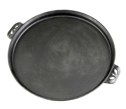 The Camp Chef Cast Iron Pizza Pan is a round, black, flat griddle with decorative handles on each side—ideal for baking homemade pizzas. Shown from above against a white background.