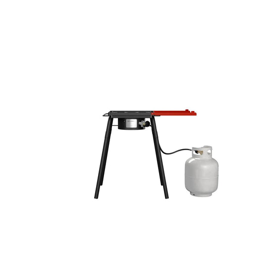 The Camp Chef Explorer 1-Burner features a red side shelf, black legs, and an attached white propane tank on the right—perfect for outdoor kitchens. Shown here on a clean white background.
