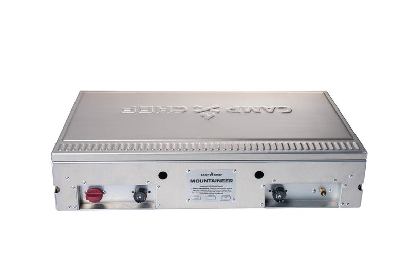 Load image into Gallery viewer, The Camp Chef Mountaineer outdoor cooking system features front control knobs and ports, all set against a white background.
