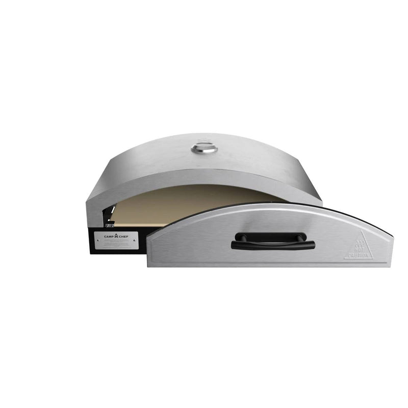 Load image into Gallery viewer, The Camp Chef Pizza Oven 16 - 2 Burner features a stainless steel build, curved top, front handle, and pull-out tray with a ceramic stone—ideal for authentic pizza making. Shown here against a white background.
