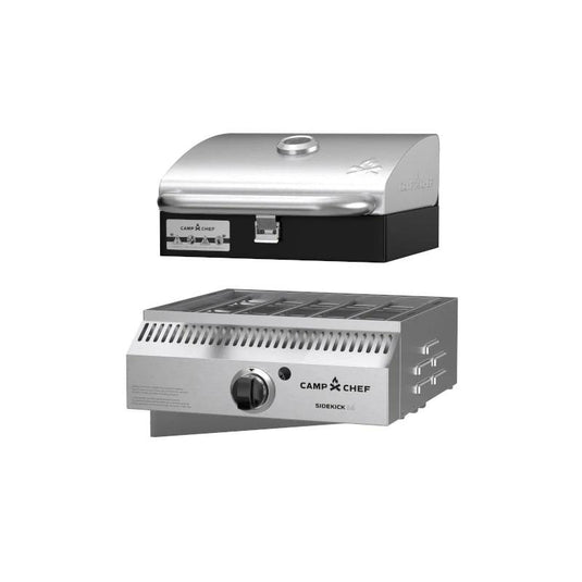 Two Camp Chef BBQ Grill Boxes 14 grilling appliances—a compact, silver and black Professional Grill Box with a cast iron grilling surface on top, and a stainless steel sidekick burner with control knob below—are shown on a white background.