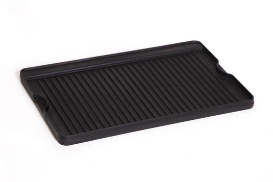 The Camp Chef Griddles 16, a black rectangular cast iron pan with raised ridges and small handles on each side, is ideal for achieving professional griddle results in your kitchen.