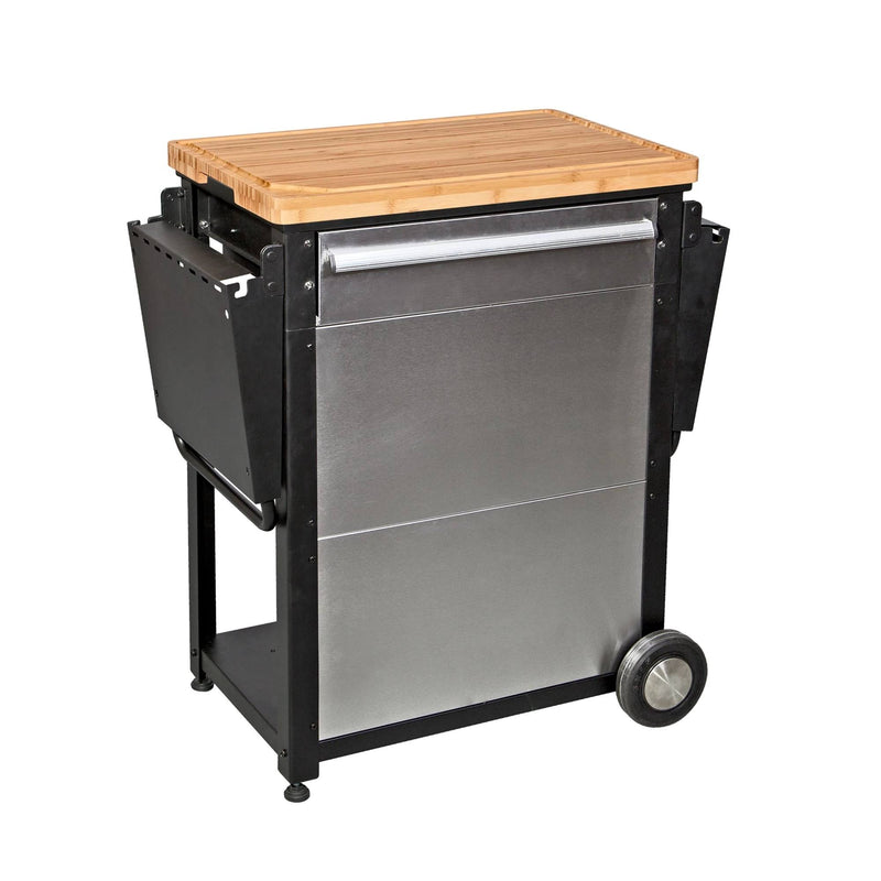 Load image into Gallery viewer, The Camp Chef Patio Cart features a stainless steel build, wooden butcher block top, black metal frame, side storage compartments, and two large wheels for easy mobility—an ideal versatile addition to your outdoor kitchen.
