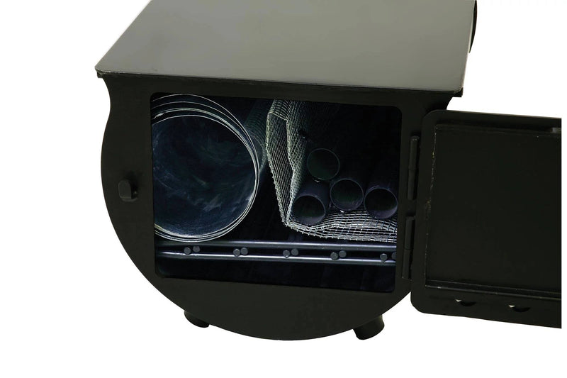 Load image into Gallery viewer, A close-up of the Camp Chef Alpine Heavy Duty Cylinder System stove's open interior shows its metal grill, stacked pipes, and circular tray—features that make it ideal for wall tent camping.
