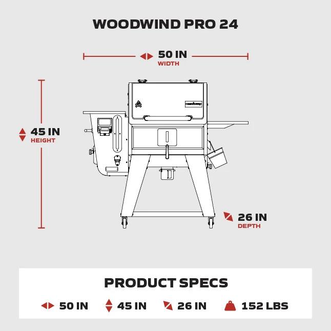 Load image into Gallery viewer, Diagram of the Camp Chef Woodwind Pro 24 grill with Smoke Box for cold smoking using wood pellets. Dimensions: 50"W x 45"H x 26"D; weight: 152 lbs. Product specs appear below the grill illustration.
