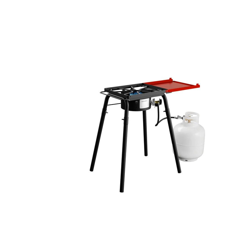 Load image into Gallery viewer, The Camp Chef Explorer 1-Burner features a sturdy black metal frame with four legs, a red side shelf, and an attached white propane tank—a portable outdoor cooking system ideal for versatile outdoor use.
