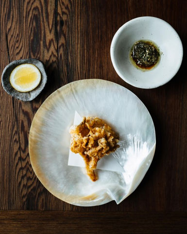 tempura maitake mushroom, lace lichen, nori broth