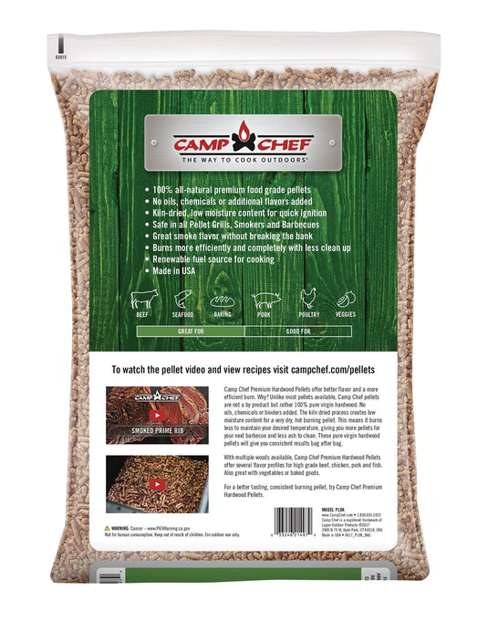 A 20-lb bag of Camp Chef Hardwood Pellets features a green, wood-themed background with details, grill icons, and instructions to explore bold smoke flavor recipes and videos on the Camp Chef website.