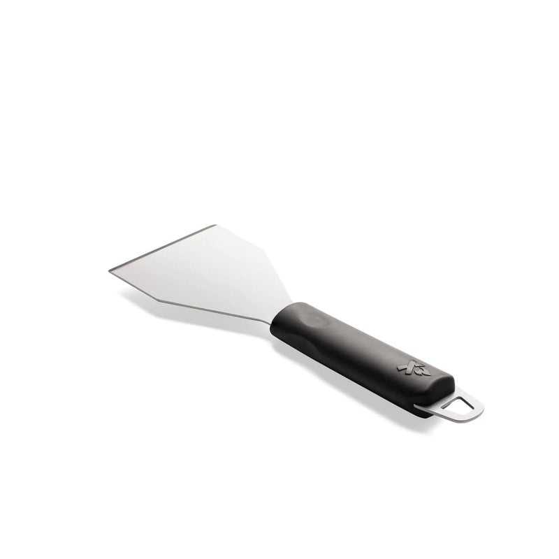 Load image into Gallery viewer, The Camp Chef Griddle Scraper features a wide, flat metal blade and black handle with a hanging loop, ideal for cleaning your flat top grill. Shown on a white background.
