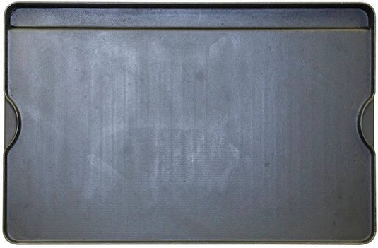 The Camp Chef Griddles 16 is a rectangular, flat black griddle tray with slightly raised edges and two semi-circular indentations on each long side, shown in a top-down view.