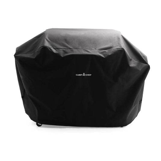 The Camp Chef Woodwind Pro Cover is a black grill cover featuring the Camp Chef logo in white on the front, designed to fully protect your grill.