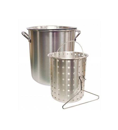 Load image into Gallery viewer, The Camp Chef Aluminum Cooker Pot comes with sturdy handles, an aluminum basket with a handle, and a tripod stand, making it ideal for boiling or steaming food.
