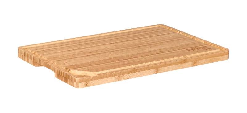 Load image into Gallery viewer, The Camp Chef Bamboo Cutting Board features a rectangular shape, deep groove, grooved edge, and corner notch, shown on a white background.
