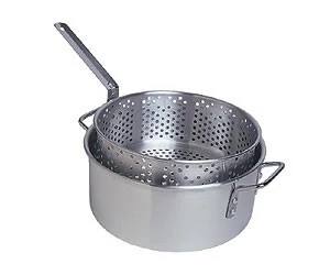 The Camp Chef Aluminum Cooker Pot includes two handles and a perforated basket with a long handle, perfect for steaming or boiling food. The insert sits inside the pot and features holes for easy draining.