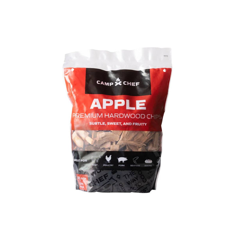 Load image into Gallery viewer, Camp Chef Wood Chips in red, black, and white packaging are labeled “subtle, sweet, and fruity,” making them perfect for smoking poultry, pork, seafood, or baking.
