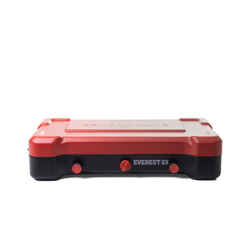 Load image into Gallery viewer, A red and black rectangular Camp Chef Everest 2X camping stove with two burners, two control knobs, a central ignition knob, and branding, displayed on a white background.
