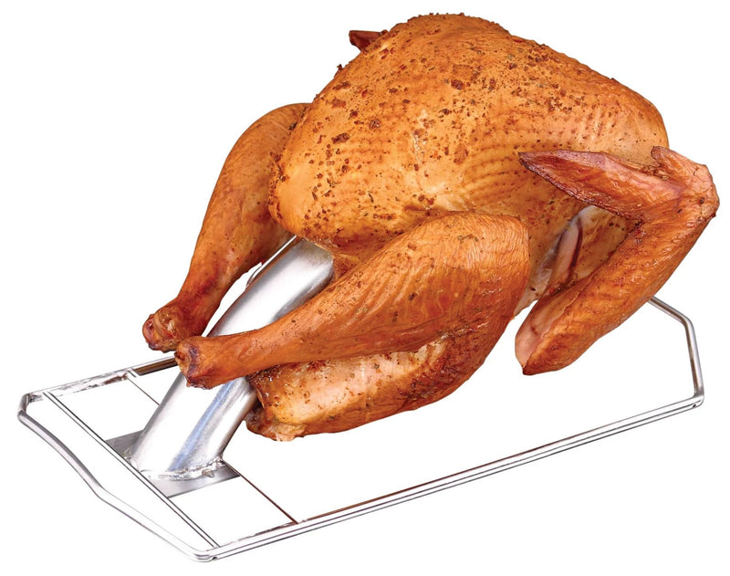 Load image into Gallery viewer, A whole turkey roasted upright on the Camp Chef Turkey Cannon Infusion Roaster stays moist and flavorful, ready to serve.
