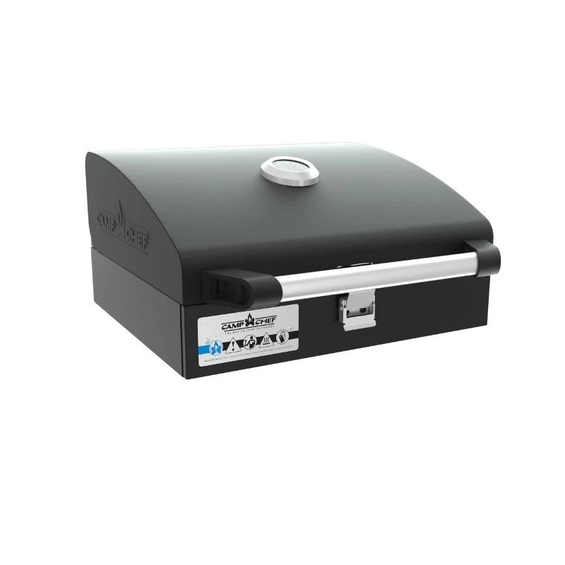 Load image into Gallery viewer, The Camp Chef BBQ Grill Boxes 14 is a black, rectangular outdoor tabletop grill with a cast iron surface, silver handle, built-in lid thermometer, front logo and label, and a modern compact design for professional grilling.
