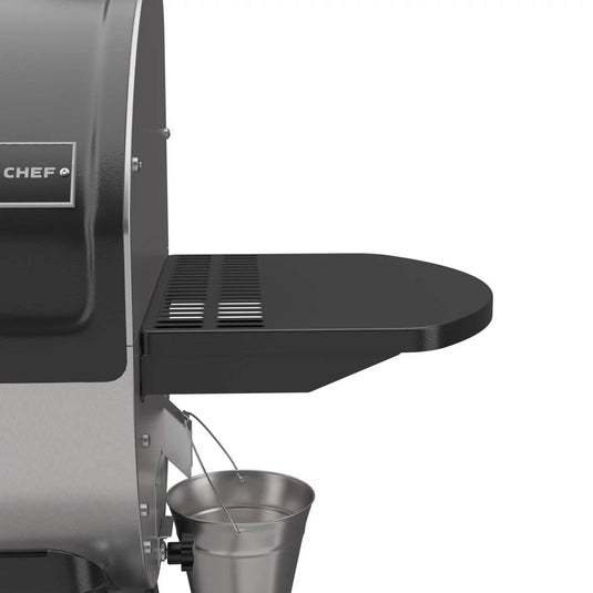 Close-up of the Camp Chef Woodwind 24 pellet grill, showing its right side with side shelf, vented slots, drip bucket, and advanced WIFI controller.