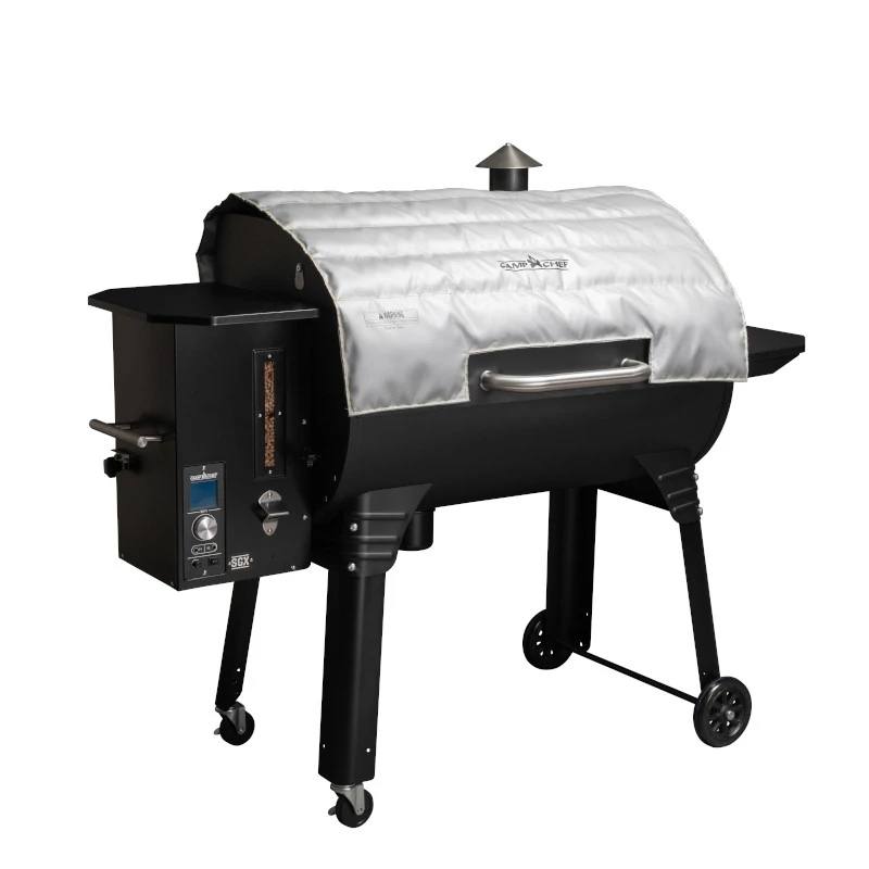Load image into Gallery viewer, The Camp Chef Pellet Grill Blanket is a fire-resistant cover for the main cooking chamber, compatible with grills featuring a smokestack, side shelf, control panel, and wheels—ideal for cold weather grilling and easy transport.
