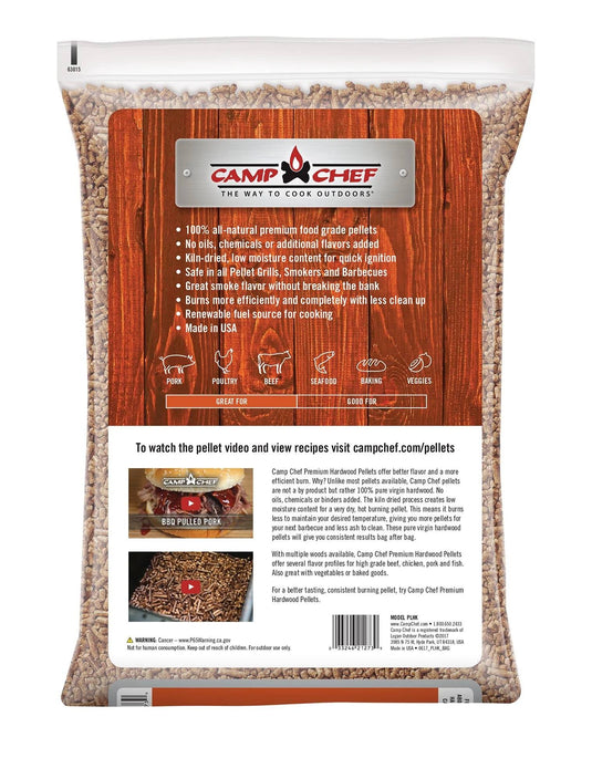 Back view of a Camp Chef Hardwood Pellets bag showing product details and benefits on a wood-patterned background. A clear window at the top displays pellets, ideal for adding rich smoke flavor to your grilling.