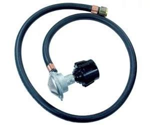 The Camp Chef Regulator Hose Set is a black rubber low-pressure propane hose with metal connectors and a Type 1 connection, ideal for linking tanks to grills or appliances.