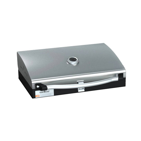 The Camp Chef BBQ Grill Boxes 16, a stainless steel tabletop gas grill with cast iron grates, heat diffuser, lid thermometer, curved handle, and front buckle latch is displayed on a white background. Stainless