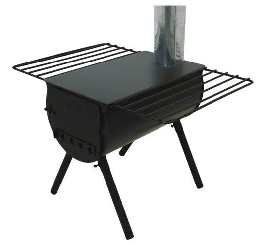 The Camp Chef Alpine Heavy Duty Cylinder System is a black metal wood-burning stove with four angled legs, stovepipe, and two grated side shelves—perfect for wall tent camping or cylinder cooking setups.