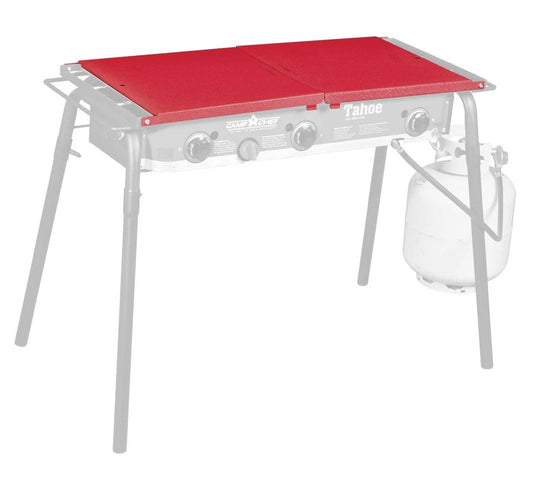 The Camp Chef Stove - Side Shelf Set is a portable outdoor cooking system with three burners, a red griddle, an attached propane tank on the right, and a durable gray frame and legs for versatile meal prep anywhere.