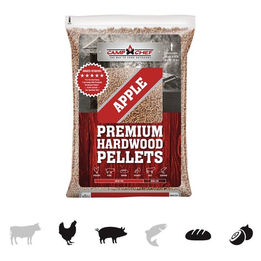A bag of Camp Chef Hardwood Pellets features bold red and white labeling, icons for beef, poultry, pork, fish, bread, and vegetables along the bottom, and delivers rich smoke flavor ideal for your favorite dishes.