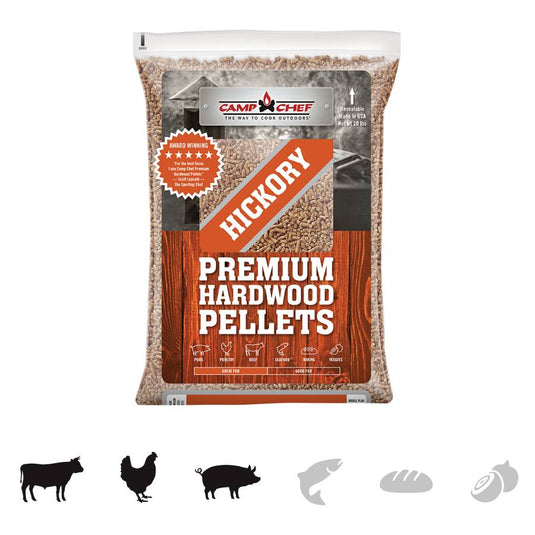 Camp Chef Hardwood Pellets, in a bag with an orange label and icons for beef, chicken, pork, fish, bread, and cheese, deliver a smoky flavor—ideal for giving your grilling a competition blend touch.