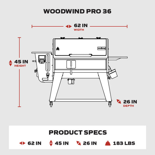 Woodwind Pro 36 machine dimensions and specifications on a white background